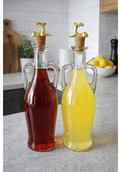 2'li Amfora Model Geyik Mantar Tıpalı Cam Yağ Şişesi - 750ml. Şeffaf Sirke Limon Suyu Şişesi - Yatan Geyik Şeffaf