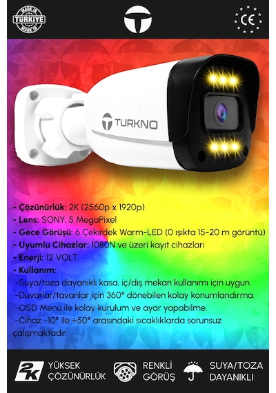 Turkno 4 Kameralı Ultia 1 İç Kamera Set 2 TB 5 MP 2K Net Renkli Gece Görüşlü Güvenlik Kamerası Sistemi
