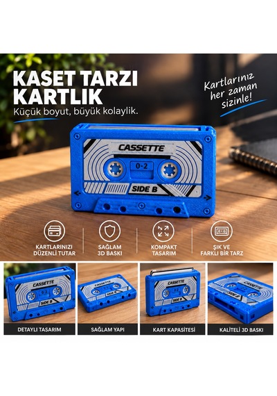 Syk Design Kaset Cüzdan Retro 3d Baskı Kartlık Mavi 6 Kart Kapasiteli
