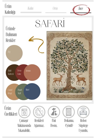 Safari 110 Geyik Ağaç Tasarım Botanik Tasarım Halı Modern Oturma Odası İnce Yazlık Oda Salon Halısı Bej