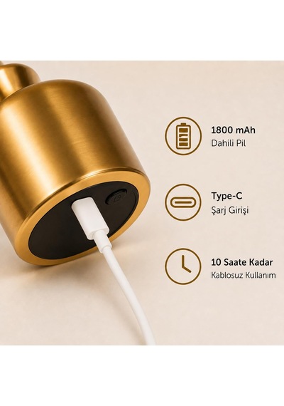 Şarj Edilebilir Led Mantar Masa Lambası, Dokunmatik 3 Renk Modlu, 1800 Mah Kablosuz Metal Abajur, Usb Type-c Şarjlı