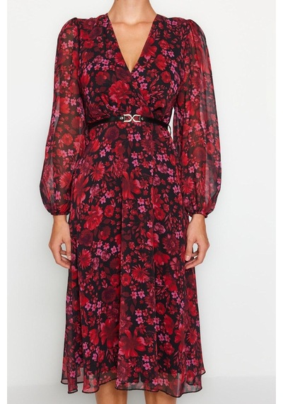 Ersefa Moda Stil Regular Kruvaze Midi Boy Kemerli A Kesim Yaka Desenli Ş Bordo