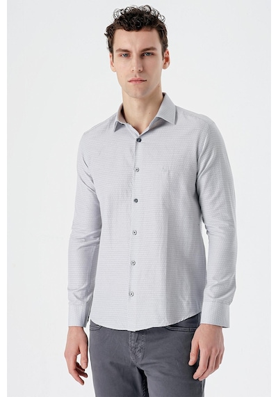 İmza Gri Uzun Kollu Desenli Armürlü Sert Yaka Cepsiz Pamuklu Slim Fit Dar Kesim Gömlek 1004235168-gri Gri