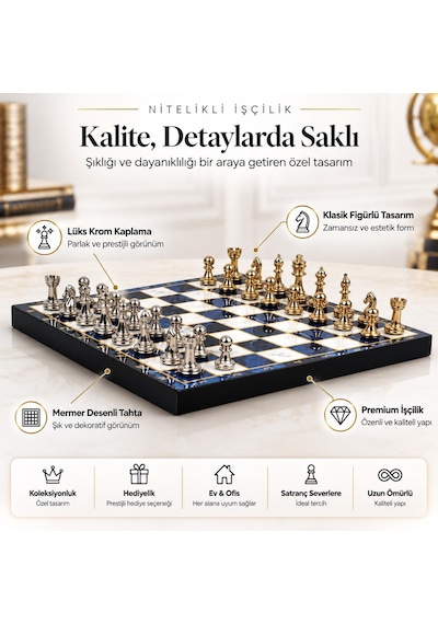 Lüks Metal Satranç Takımı Krom Figürlü 20 X 20 Cm Mavi Mermer Desenli Dekoratif Özel Hediye Seti