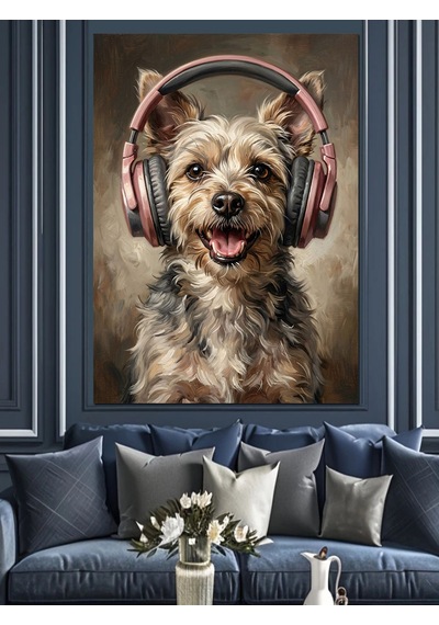 Kulaklıklı Müzik Dinleyen Şirin Köpek Dekoratif Kanvas - Mdf Ahşap Tablo