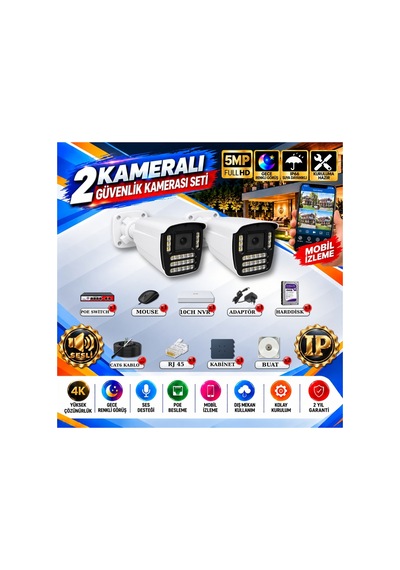 2 Kameralı 4k Sesli İp Güvenlik Kamerası Seti 5mp Gece Renkli Görüş 21 Warm Led Poe 421wsp