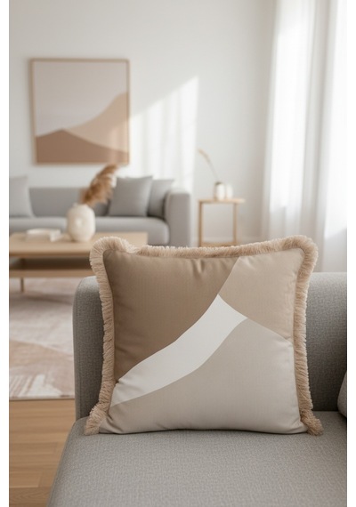 Modern Lüks Saçaklı Yastık Kılıfı - Geometrik Minimalist Bej Modern Püsküllü Kırlent Kılıfı Batımı Koyu Taba
