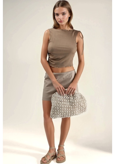 Hiccup Drapeli Detaylı Dokulu Kayık Yaka Crop Top Deve Kahvesi