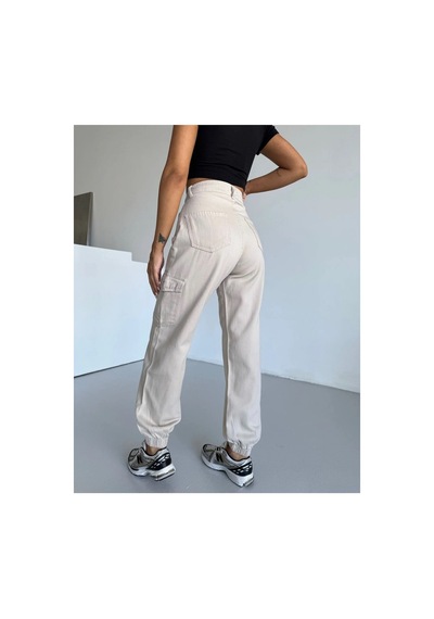 Kene Jeans Yüksek Bel Taş Paça Lastik Kargo Cepketen Mom Pantolon Taş
