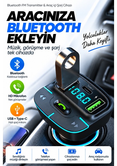 Bluetooth Fm Transmitter Araç Kiti Usb Type-c Hızlı Şarj Hd Mikrofon