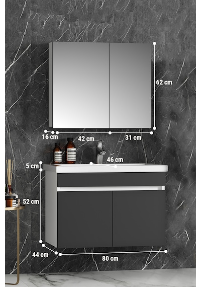 Çiğdem 80 Cm Beyaz-antrasit Gri Mdf Asma Banyo Dolabı Takımı Beyaz - Antrasit