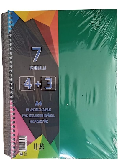 4+3 Ayraçlı Defter 7 Konulu 175 Yaprak 1 Adet 4 Kareli 3 Çizgili Spralli Plastik Kapak Seperatörlü Yeşil