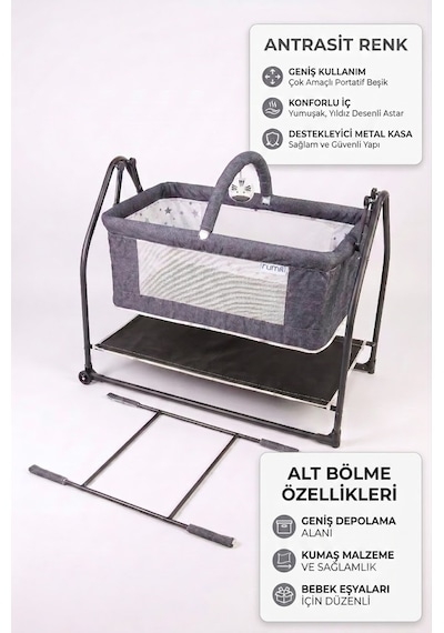 Bebeciden 50x90 Eko Oyuncaklı Sepet Beşik: Hem Ekonomik Hem Sapasağlam Antrasit