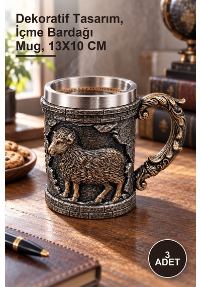 3 Adet Figürlü 3d Kabartmalı Paslanmaz Çelik Kupa Dekoratif Tasarım, İçme Bardağı Mug, 13x10 Cm