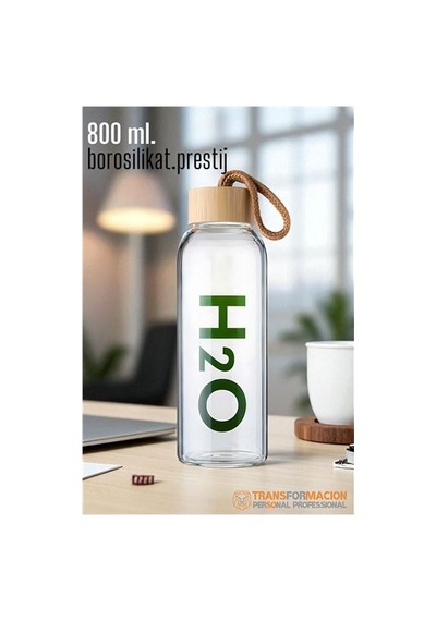 Cam Matara - 800 Ml Bambu Kapaklı Borosilikat Cam Matara - Ofis Matarası 721961 Yeşil