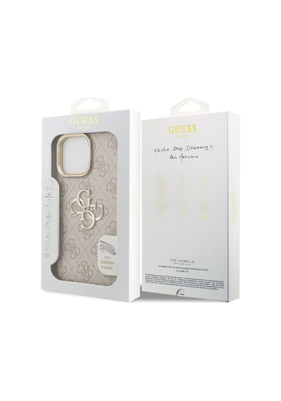 Apple iPhone 14 Pro Max Uyumlu Kılıf Guess Lisanslı Metal 4g Ve Yazı Logolu Kamera Standlı Kapak Pembe