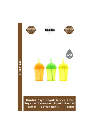 Günlük Eşya Soğuk İçecek Kabı Seyahat Aksesuarı Pipetli Bardak - 450 Ml - Şeffaf Renkli - Plastik Çok Renkli