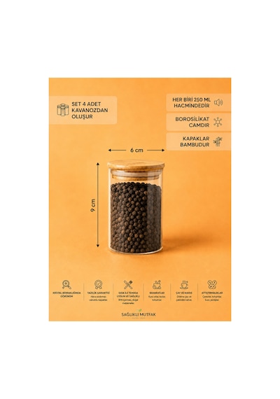 4'lü Bambu Kapaklı Borosilikat Cam Baharat Seti 270 Ml Diğer