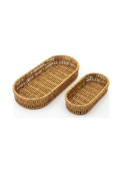 Oval Hasır Örgü Dekoratif Sepet Tepsisi, Doğal Renk, 2&apos Li Set, Büyük 28x10x5 Cm, Küçük 24x9x5 Cm
