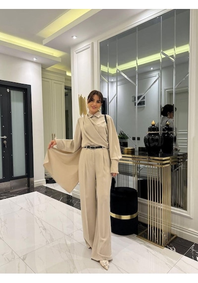 Cojans Kadın Uzun Kollu Şal Detaylı Bluz Ve Pantolon Kemer Dahil Ikili Takım Göründüğü Gibi