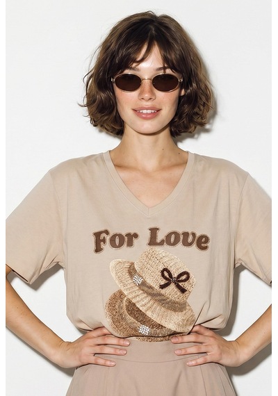 Kadın V Yaka For Love Nakış Ve Boncuk İşlemeli Oversize T-shirt 2240 60286329 - Bej