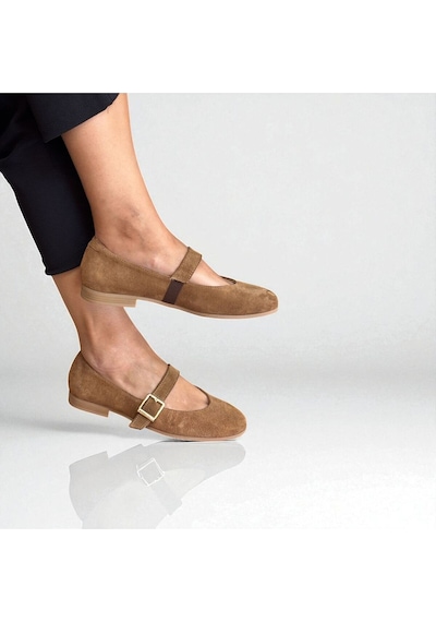 Ne&ve Shoes Camet Süet Hakiki Deri Yuvarlak Burunlu Tokalı Kadın Babet Camel