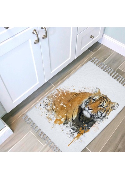 Banyo Halısı Dijital Baskılı Banyo Paspası 50x80 Polyester Kaymaz Tabanlı Duş Paspası Tiger Beyaz