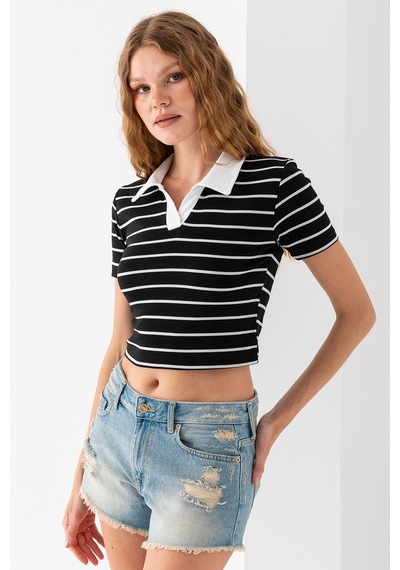 Giysa Kadın Polo Yaka Çizgili Pamuklu T-shirt Siyah Beyaz - 25795 Siyah - Beyaz