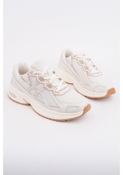 Muggo Hynex Kadın Kalın Taban Bağcıklı Günlük Sneaker Spor Ayakkabı Bej