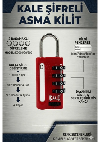 Kale Kilit 4 Basamaklı Şifreli Asma Kilit - Kırmızı Bilgi Pencereli