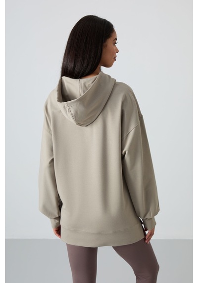 Tommy Life Koyu Bej Balon Kol Yazı Nakışlı Kadın Oversize Tunik Sweatshirt - 97163 Koyu Bej