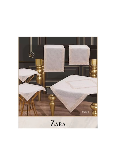 Zara Model Bej Çeyizlik Dantelli Keten Masa Örtüsü Runner Seti 5 Parça Salon Takımı Çok Renkli