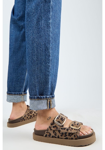 Manijero İrene Platform Deri Kadın Terlik Leopar-7125 Leopar