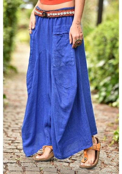 Bohem Stil İtalyan Cepli Keten Şalvar Pantolon Cmn00154 Mavi