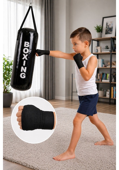 Spor Byfit 4-12 Yaş Çocuk Boks Torbası + Boks Bandajı + Askı Kancası Siyah