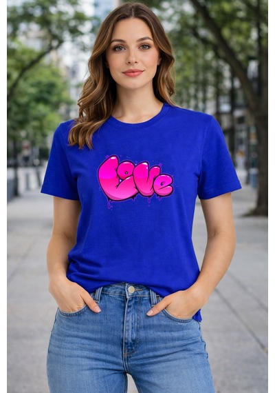 Herkesemoda Love Baskı Detaylı Basic T-shırt Mavi