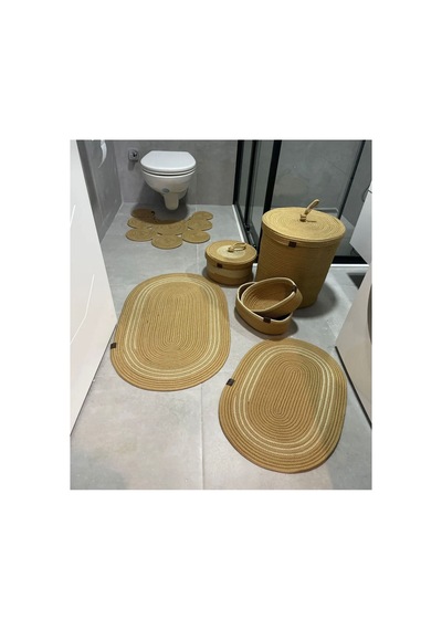 Jüt,hasır,6 Lı,banyo Paspas Takımı,bohem Tarzı Banyo Takımı,iskandinav Paspas/sepet Gold Krem Gold Krem