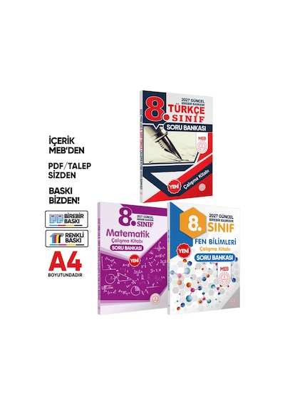 2027 8.Sınıf LGS MEB 3lü SET( Matematik-Fen-Türkçe) Soru Bankası Seti Renkli Baskı A4 BASKI ÜCRETİ