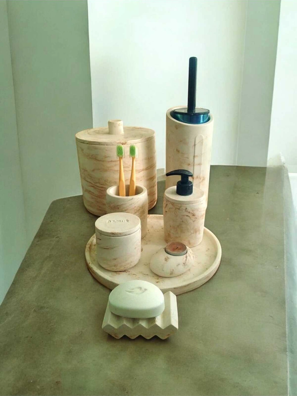 Mermer Desen Bej Beton Banyo Set,,tuvalet Wc,çöp Kovası,sabunluk,tepsi,pamukluk,mumluk,aksesuar Bej