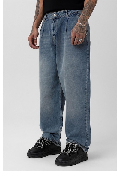 Vamos Pileli Zincir Detaylı Baggy Jean Açık Mavi Melanj