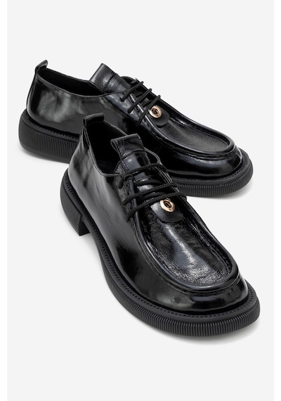 Luvishoes Luvi Shoes Band Siyah Kırışık Rugan Hakiki Deri Bağcıklı Kadın Loafer Ayakkabı Siyah