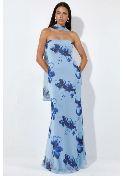 Hiccup Straplez Çiçek Desenli Tül Kuşaklı Bodycon Maxi Elbise Bebek Mavisi