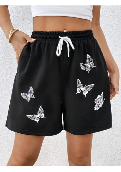 Butterfly Print Drawstring Waist Şort Siyah