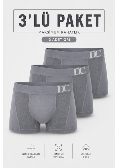 Elilom Erkek Boxer 3'lü Paket Daily Comfort Dikişsiz Nefes Alır Pamuklu Gri Set 3p Gri