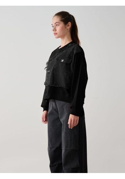 Kız Çocuk Mevsimlik Önü Denim Garni Cepli 3 İplik Sweatshirt-14773 Siyah