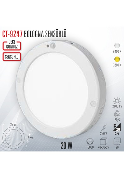 Cata Ct-9247 18W Led Panel Armatür Sensörlü Lamba Sıva Üstü Beyaz