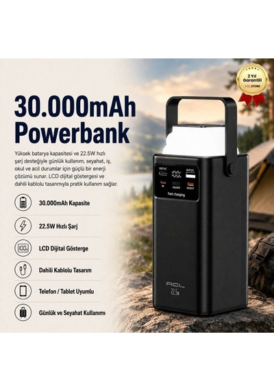 30.000mah Powerbank , 22.5w Hızlı Şarjlı, Lcd Göstergeli, Dahili Kablolu Taşınabilir Şarj Cihazı-1664 Siyah