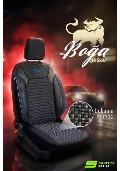 Boğa Serisi Tam Set Dokuma Kumaş Tüm Binek Araçlara Uyumlu Spor Dikiş Oto Koltuk Kılıfı Siyah Mavi