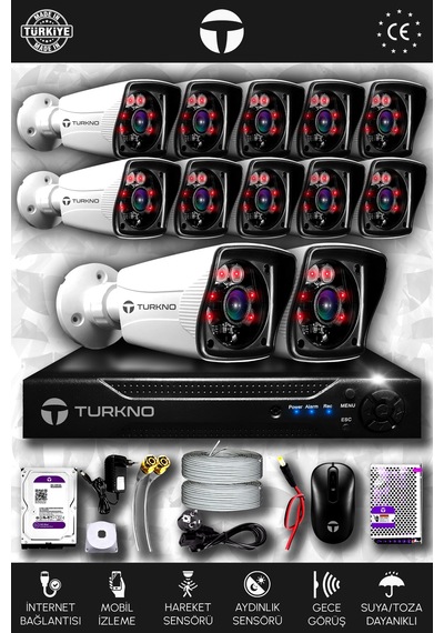 Turkno 12 Kameralı Karia 12 Dış Kamera Set 250 GB HDD Full HD Gece Görüşlü Güvenlik Kamerası Sistemi