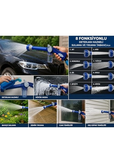 8 Fonksiyonlu Sulama Ve Yıkama Tabancası, Deterjan Hazneli, Jet, Sis, Köpük Ve Yağmur Modları